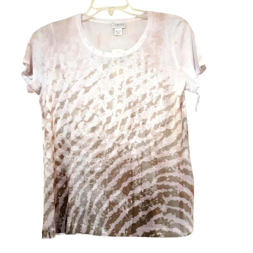 Zenergy Chicos Cheetah Dip Die Burnout T Shirt Scoop Beige White Bling Top NWT